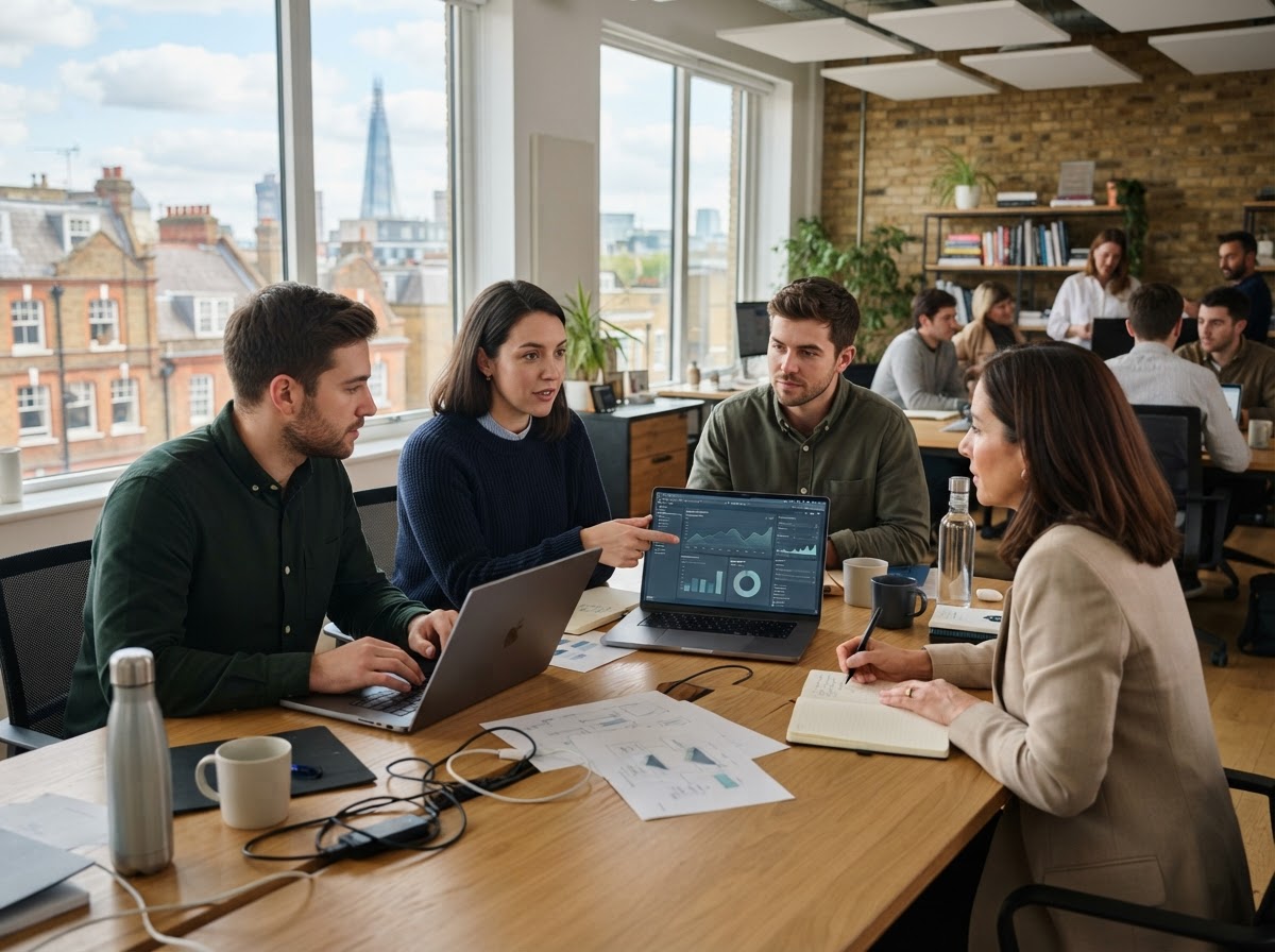 Lumina AI team reviewing predictive analytics on screen